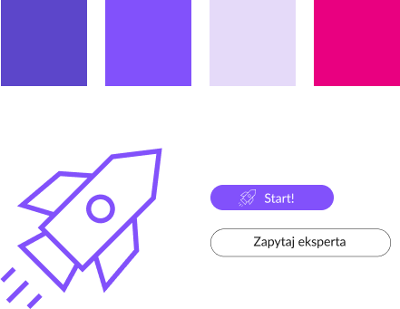 Mission PC style guide: 4 basic cokors - violet and pink, rounded buttons and rocket icon.